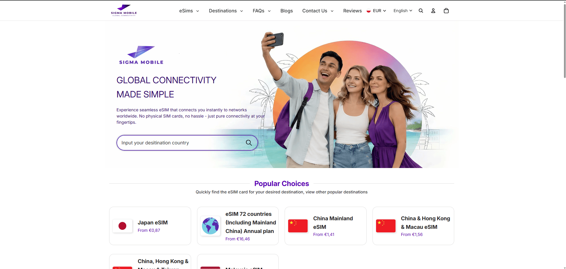 Sigma Mobile Shopify eSIM Store for Global Travel Connectivity in 200+ Destinations screenshot