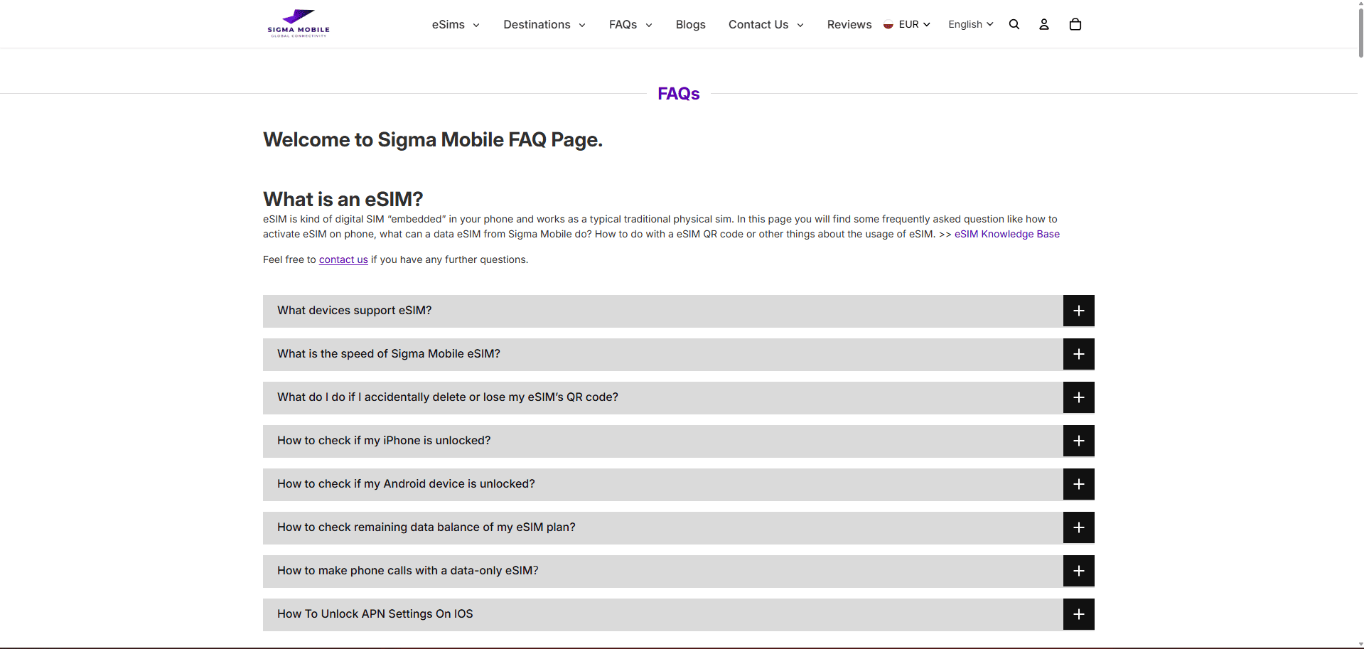 Sigma Mobile Shopify eSIM Store for Global Travel Connectivity in 200+ Destinations screenshot