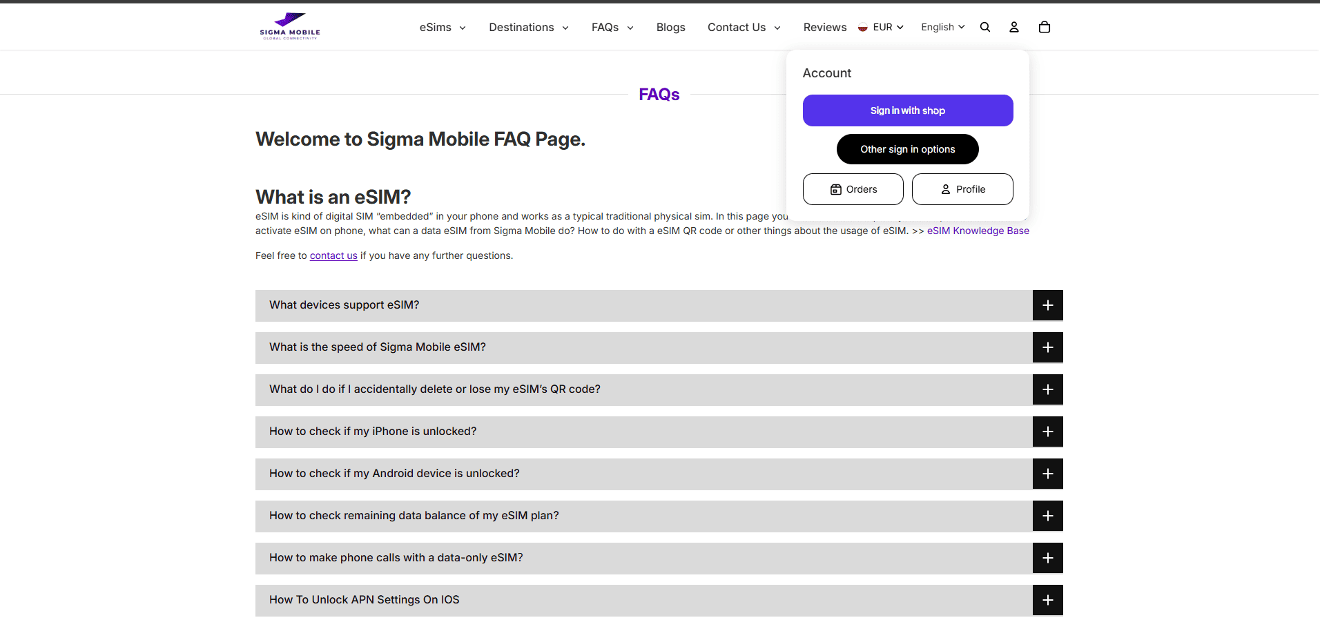 Sigma Mobile Shopify eSIM Store for Global Travel Connectivity in 200+ Destinations screenshot