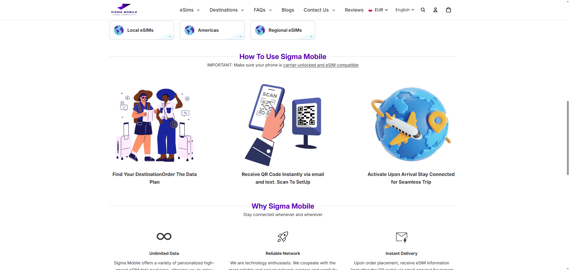 Sigma Mobile Shopify eSIM Store for Global Travel Connectivity in 200+ Destinations screenshot
