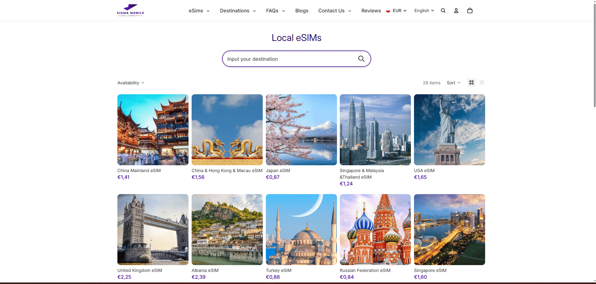 Sigma Mobile Shopify eSIM Store for Global Travel Connectivity in 200+ Destinations screenshot