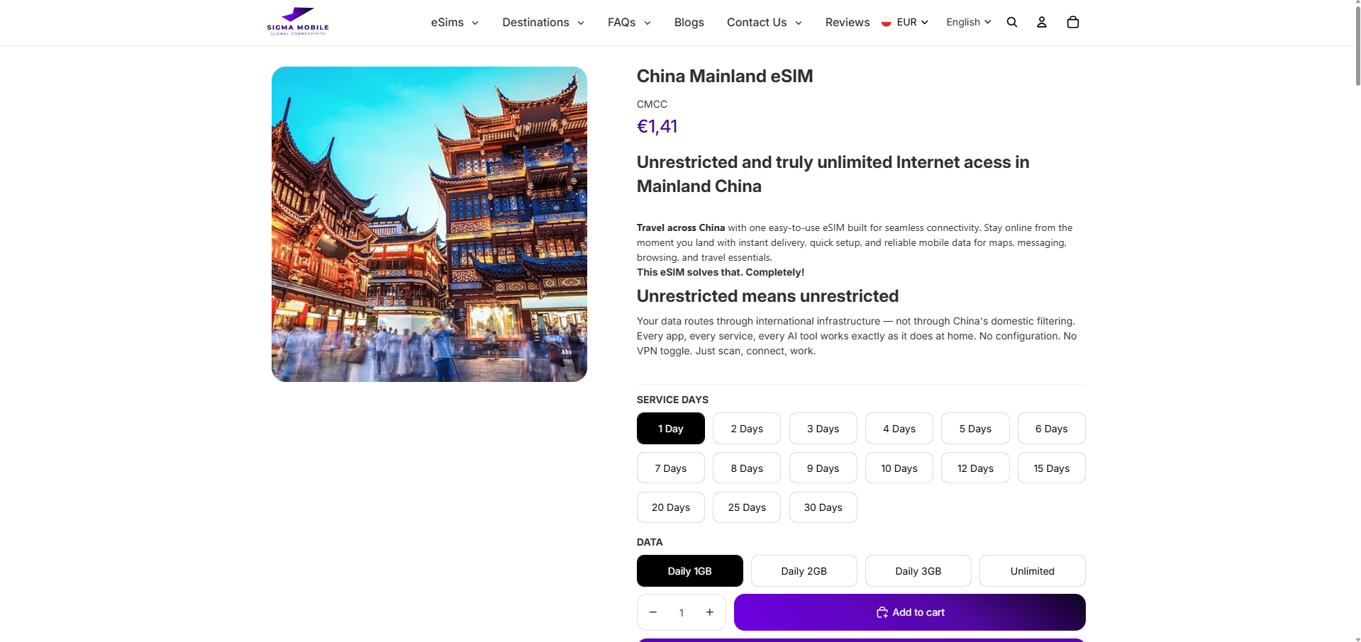 Sigma Mobile Shopify eSIM Store for Global Travel Connectivity in 200+ Destinations screenshot